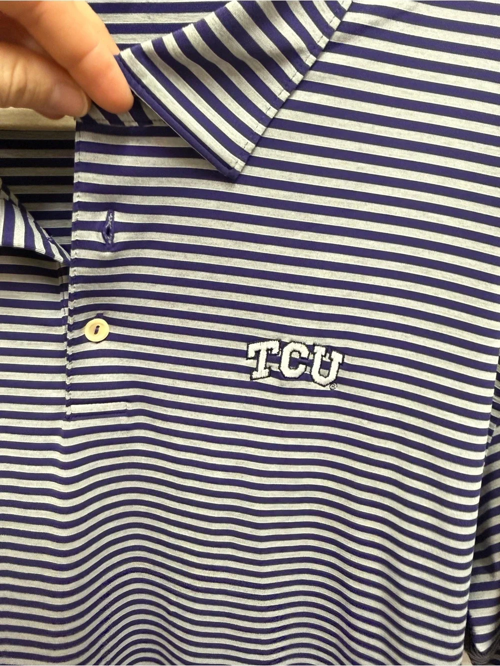 Peter Millar Purple and Grey Striped TCU Polo